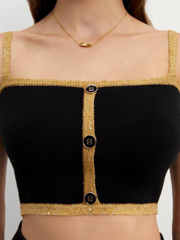Pomelo Pomelo Luxe Gold Trim Knit Crop Top - Black