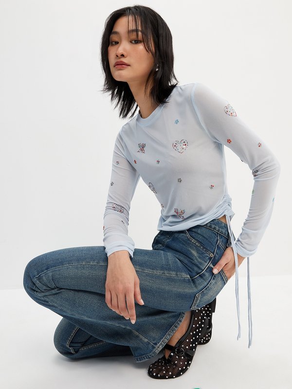 Pomelo Pomelo Mesh Rhinestone Top - Baby Blue