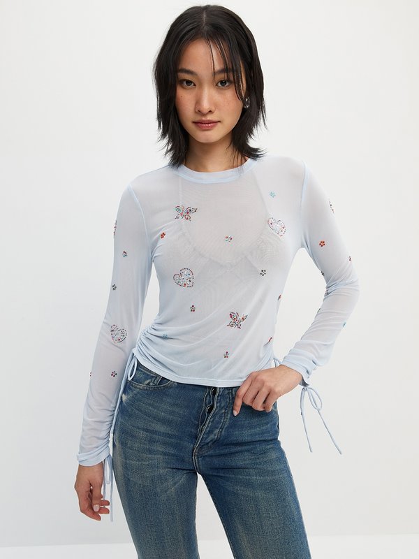 pomelo Pomelo Mesh Rhinestone Top - Baby Blue