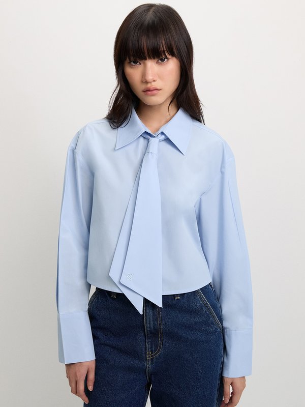 Pomelo Pomelo Necktie Cropped Shirt - Baby Blue