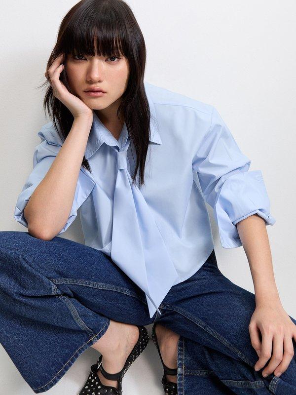 pomelo Pomelo Necktie Cropped Shirt - Baby Blue