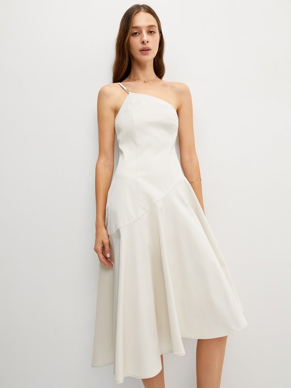 Pomelo Pomelo One-Shoulder Flowy Midi Dress- Ivory