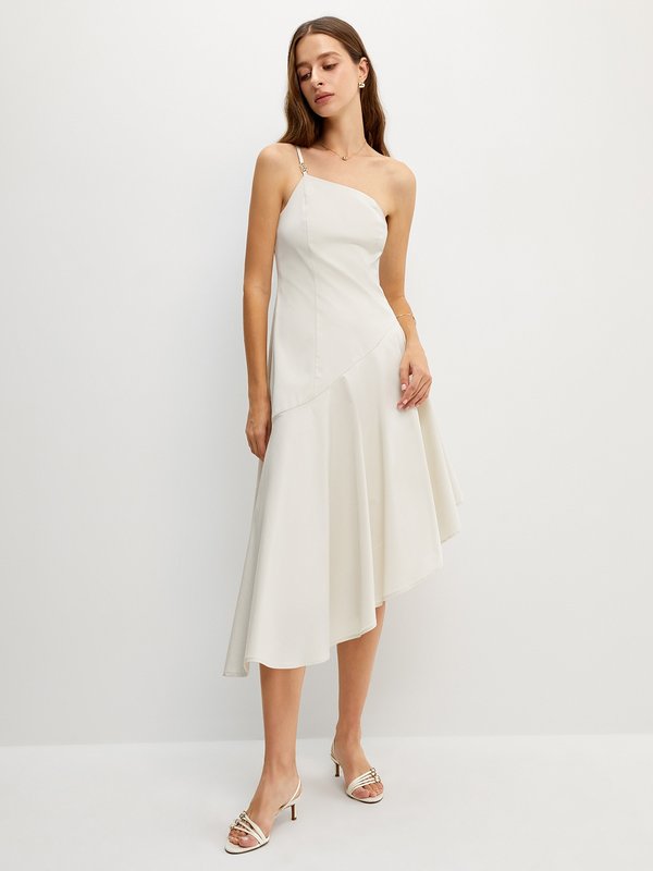pomelo Pomelo One-Shoulder Flowy Midi Dress- Ivory