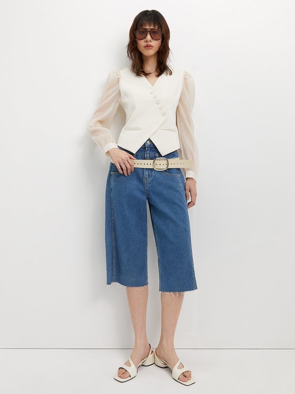 Pomelo Pomelo Organza Puff Sleeve Top - Beige