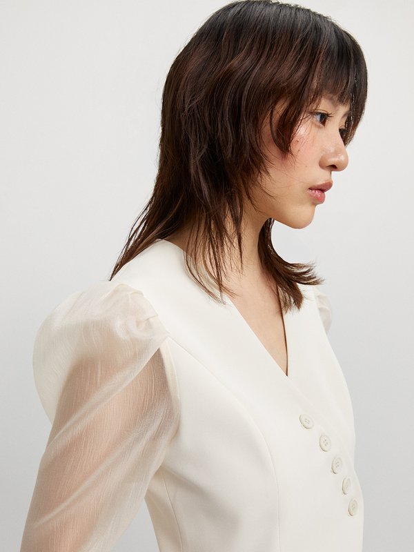 Pomelo Pomelo Organza Puff Sleeve Top - Beige