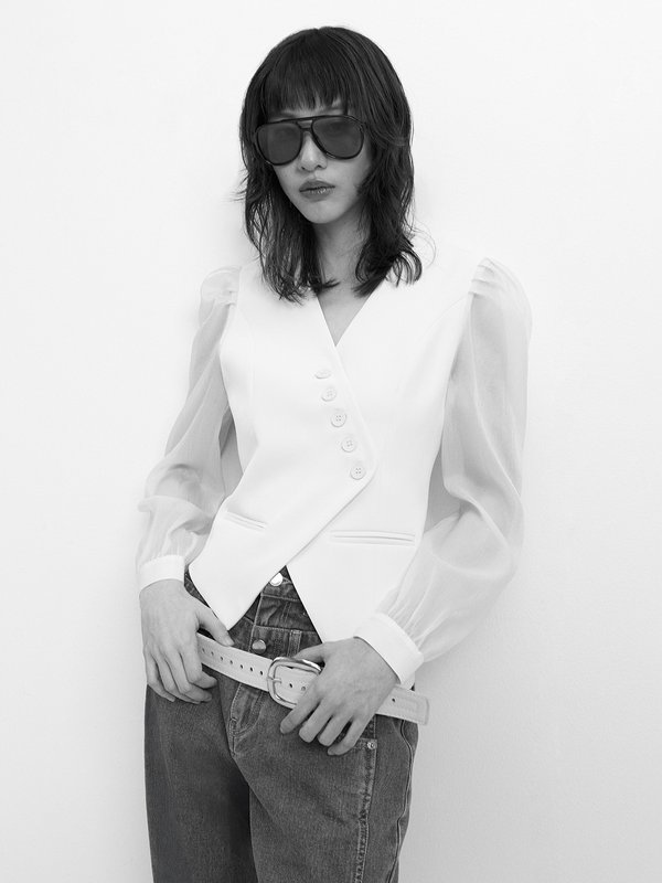 Pomelo Pomelo Organza Puff Sleeve Top - Beige