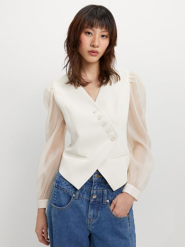 pomelo Pomelo Organza Puff Sleeve Top - Beige