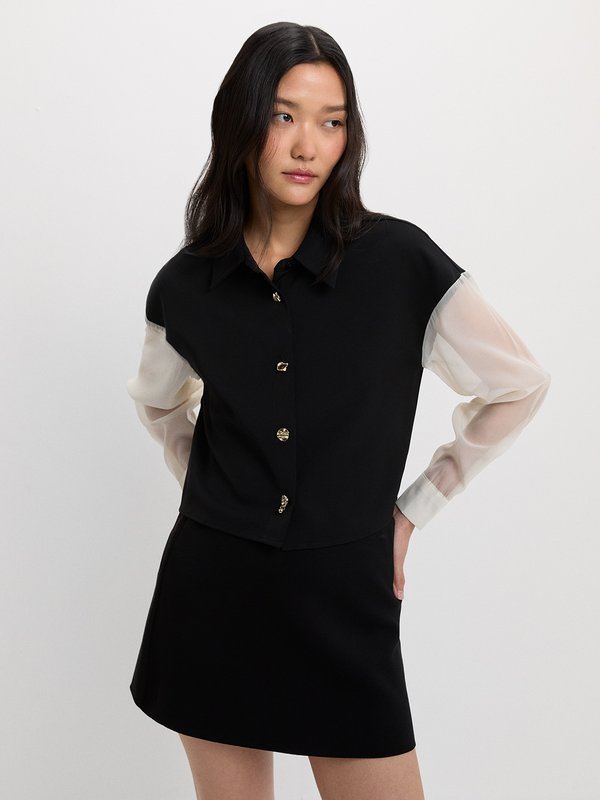 pomelo Pomelo Organza Sleeve Shirt - Black