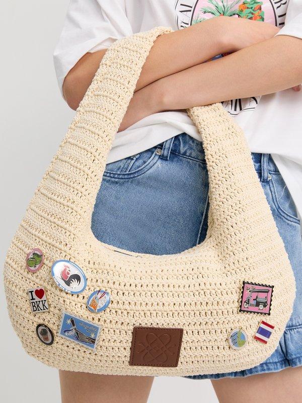 Pomelo Pomelo Patches Slouchy Knit Bag - Beige