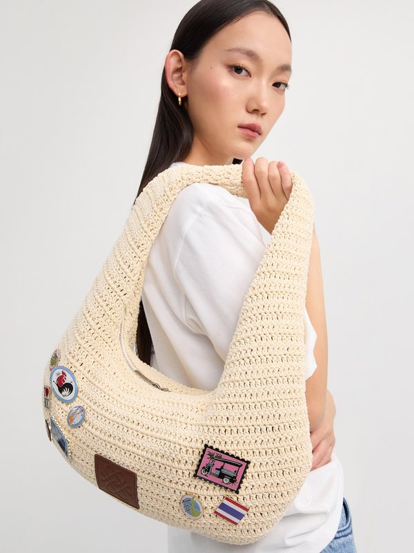 pomelo Pomelo Patches Slouchy Knit Bag - Beige