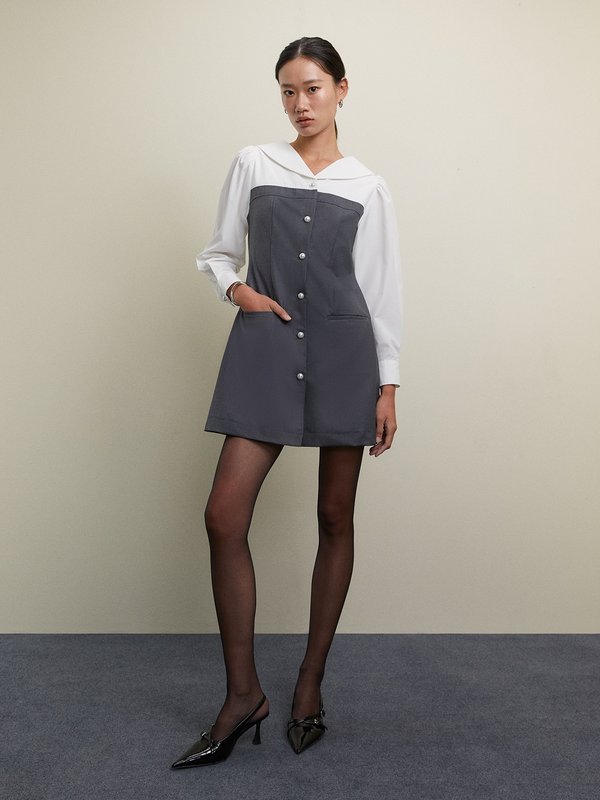 Pomelo Pomelo Pearl Button Layered Dress - Mid Grey
