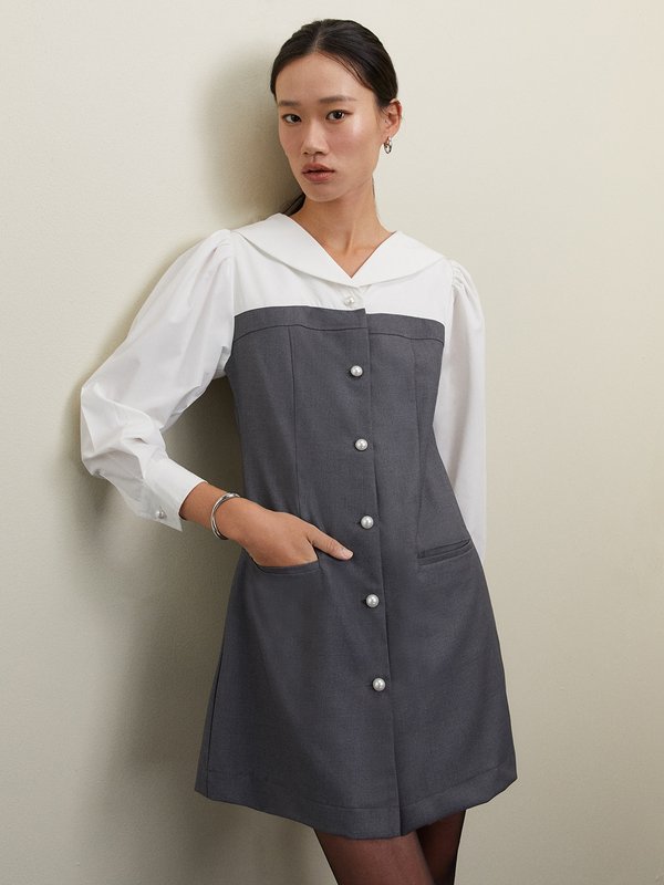 pomelo Pomelo Pearl Button Layered Dress - Mid Grey