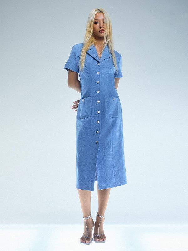 Pomelo Pomelo Pearl Rhinestone Button Dress - Blue