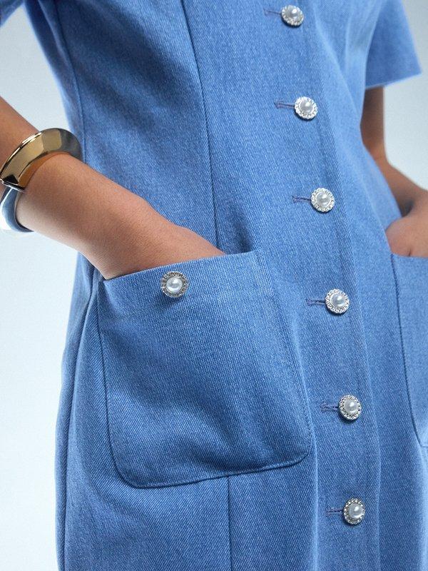 Pomelo Pomelo Pearl Rhinestone Button Dress - Blue