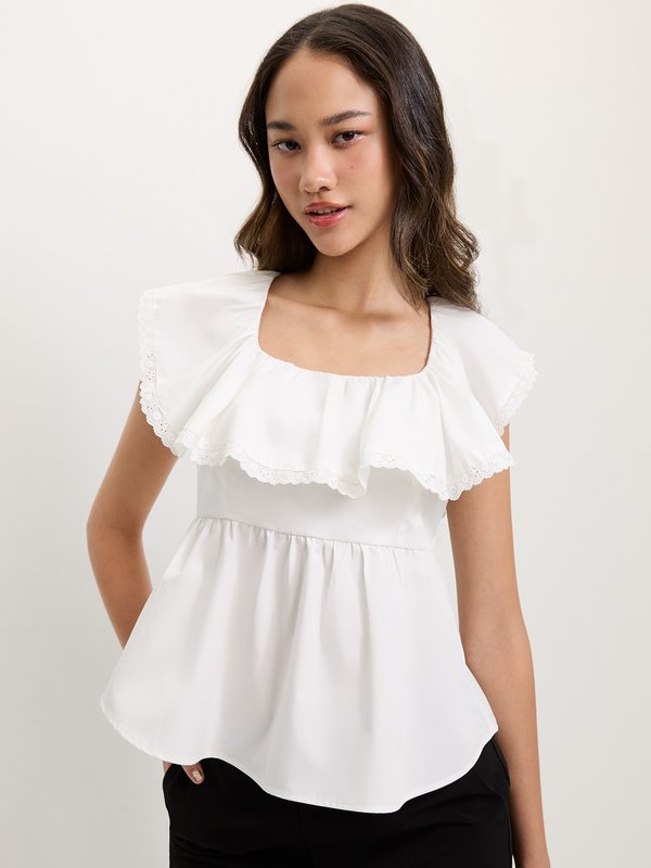 pomelo Pomelo Peplum Lace Trim Blouse - White