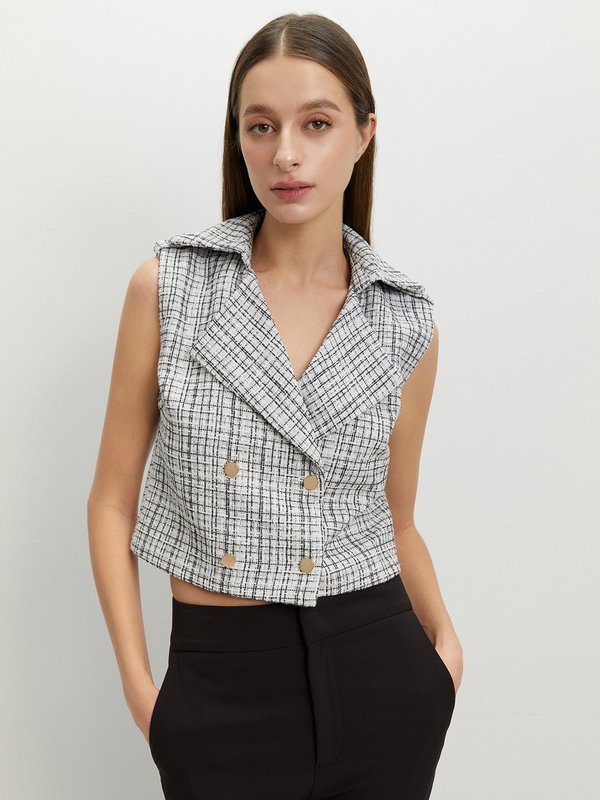Pomelo Pomelo Plaid Double-Breasted Vest - Off-White