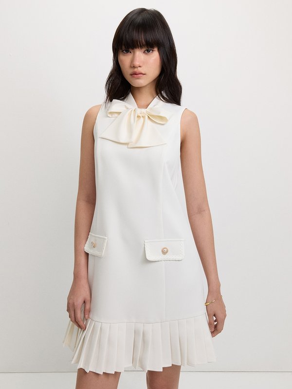 Pomelo Pomelo Pleated Bow Tie Dress - Ivory