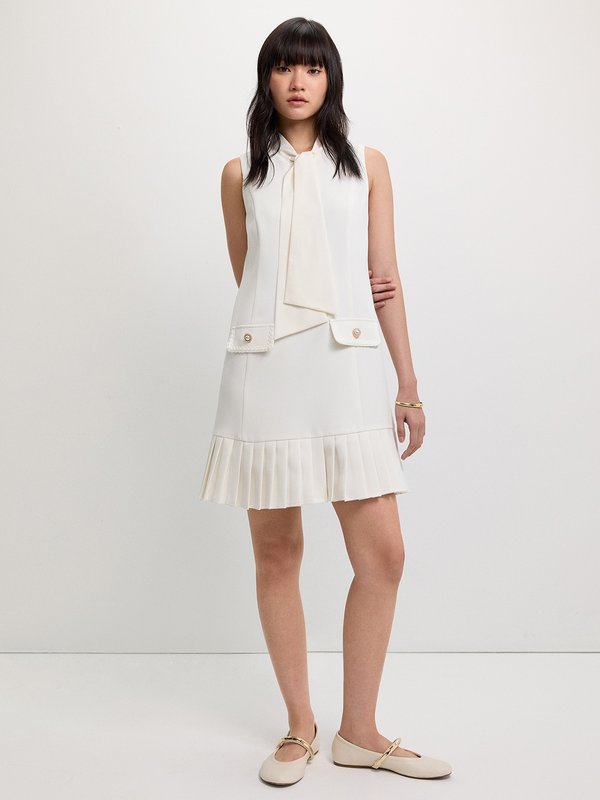pomelo Pomelo Pleated Bow Tie Dress - Ivory