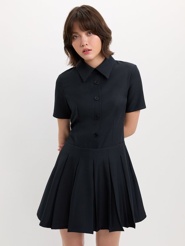 pomelo Pomelo Pleated Button-Up Dress - Dark Navy