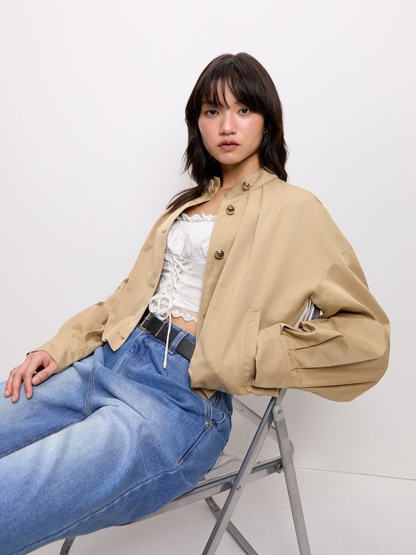 Pomelo Pomelo Pleated Cropped Jacket - Brown
