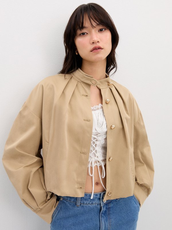 pomelo Pomelo Pleated Cropped Jacket - Brown