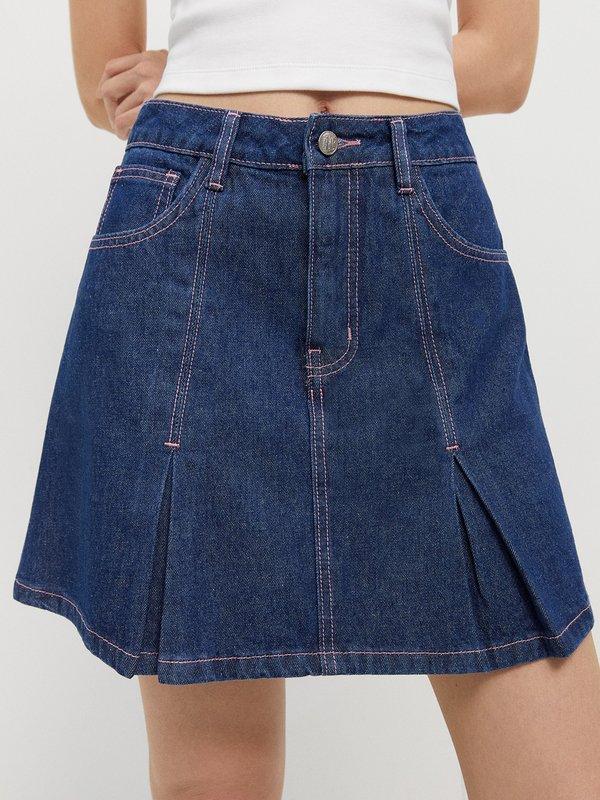 pomelo Pomelo Pleated Denim Skirt - Blue