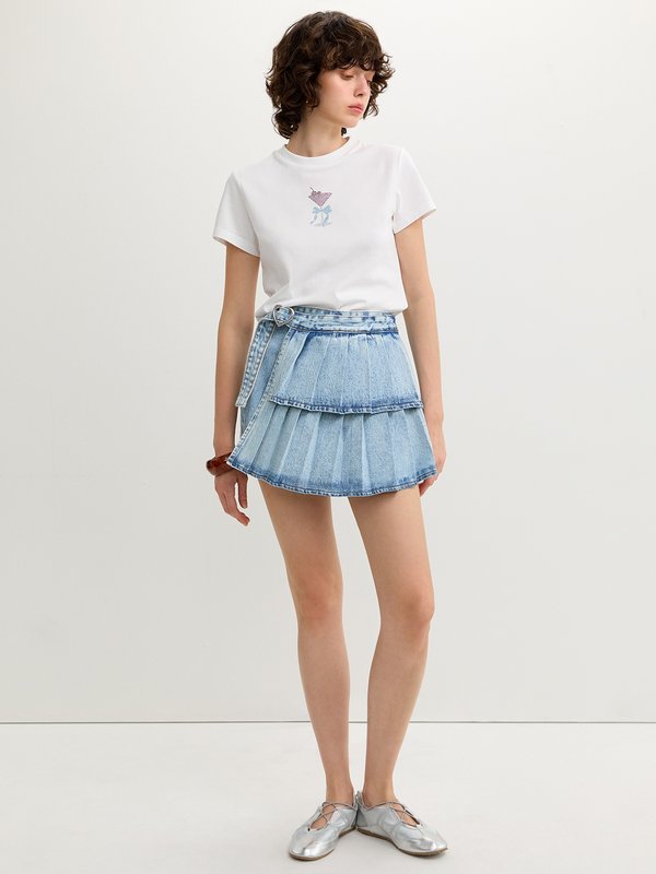Pomelo Pomelo Pleated Denim Skort - Light Blue