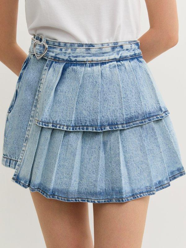 Pomelo Pomelo Pleated Denim Skort - Light Blue