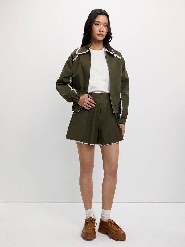 Pomelo Pomelo Pleated Lace Trim Shorts - Olive
