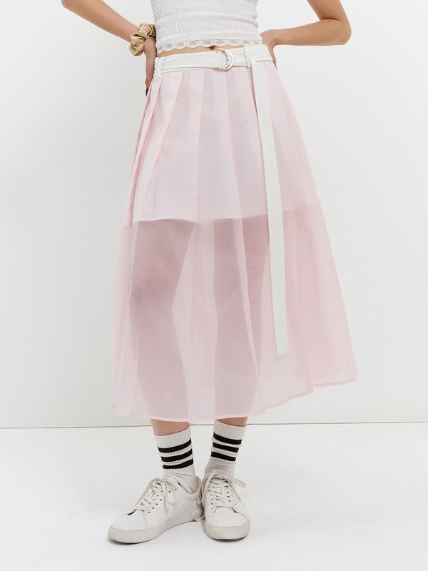 Pomelo Pomelo Pleated Layered Skirt With Belt - Pink