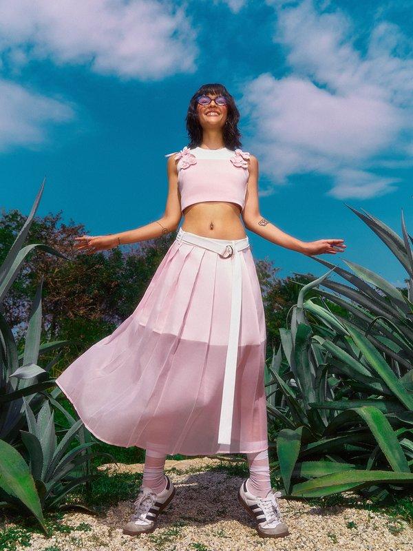 pomelo Pomelo Pleated Layered Skirt with Belt - Pink