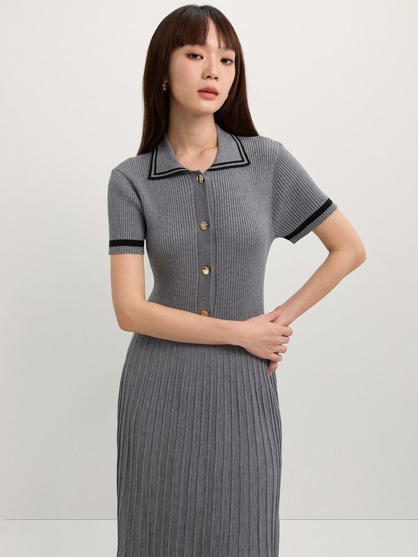 pomelo Pomelo Pleated Polo Dress - Grey
