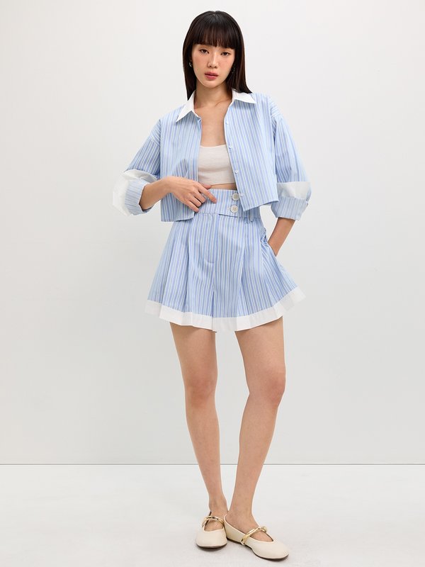 pomelo Pomelo Pleated Striped Shorts - Baby Blue