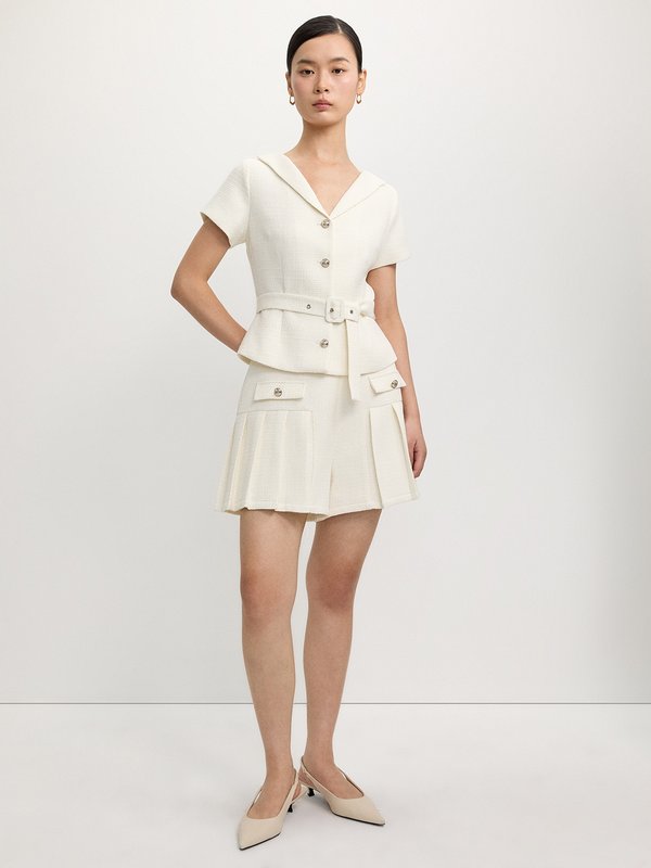 Pomelo Pomelo Pleated Tweed Mini Skort - Off-White