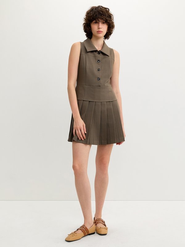 Pomelo Pomelo Pleated Vest Dress - Taupe