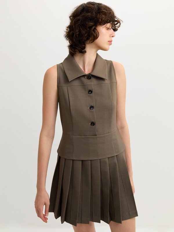 pomelo Pomelo Pleated Vest Dress - Taupe