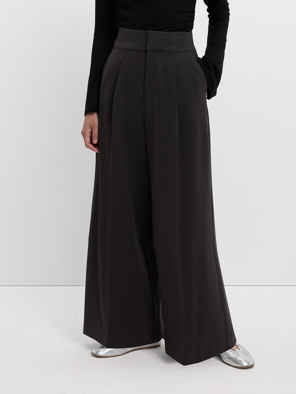 pomelo Pomelo Pleated Wide Leg Trousers - Dark Grey