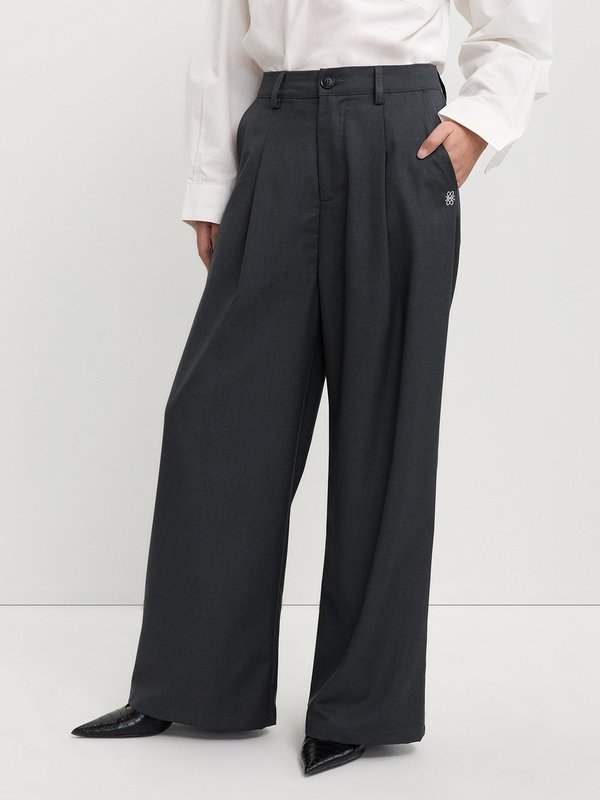 pomelo Pomelo Pleated Wide Leg Trousers - Dark Grey