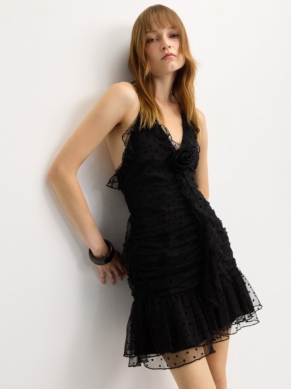 pomelo Pomelo Polka Dot Ruffle Dress - Black