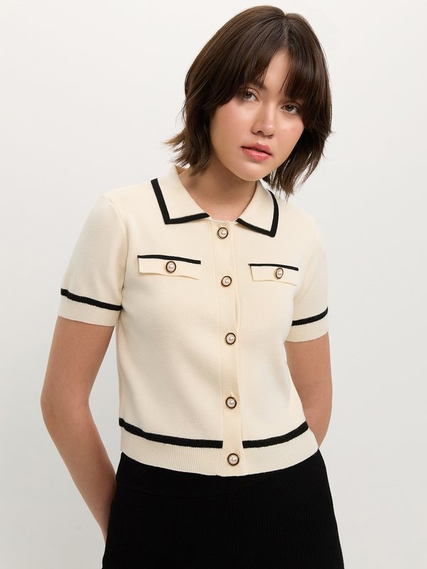 pomelo Pomelo Polo Contrast Trim Knit Top - Beige