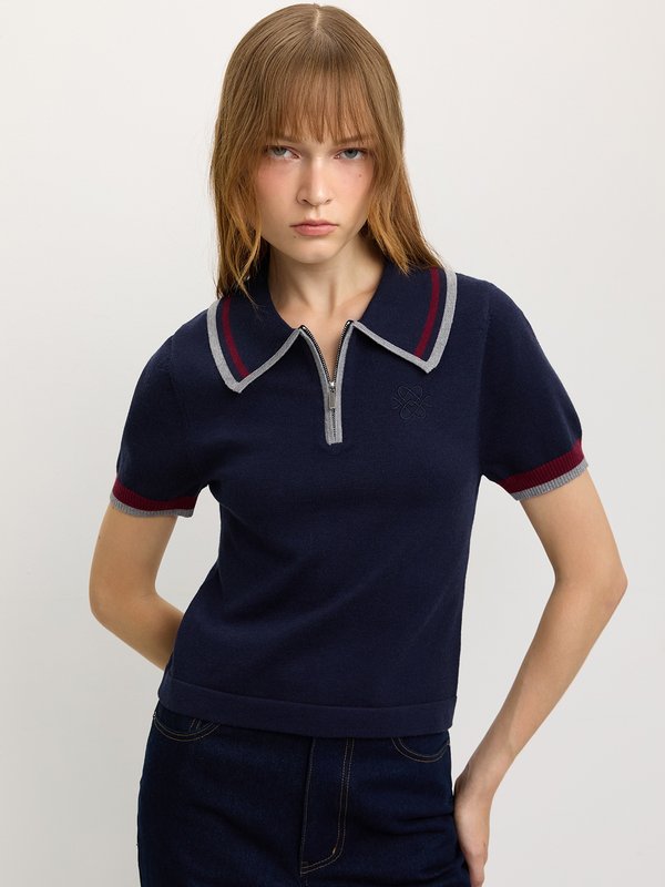 pomelo Pomelo Polo Knit Top - Navy