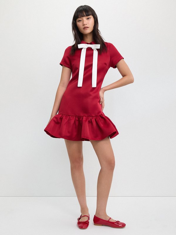 Pomelo Pomelo Polo Peplum Bow Detail Dress - Red