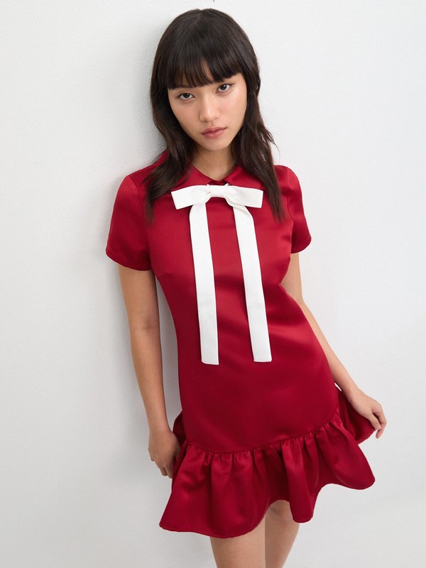 pomelo Pomelo Polo Peplum Bow Detail Dress - Red
