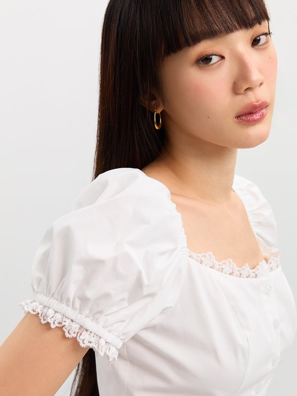 Pomelo Pomelo Puff Sleeve Lace Trim Top - White