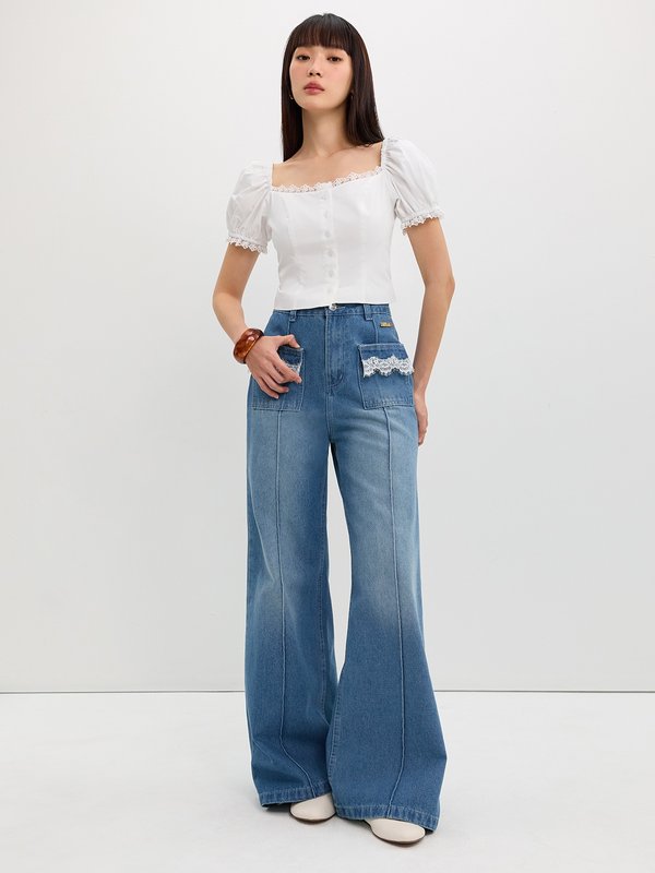 Pomelo Pomelo Puff Sleeve Lace Trim Top - White