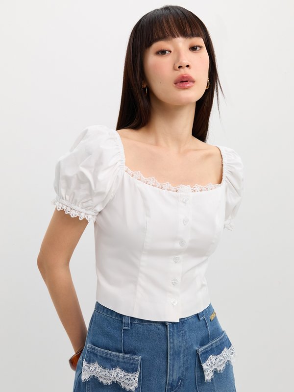 pomelo Pomelo Puff Sleeve Lace Trim Top - White