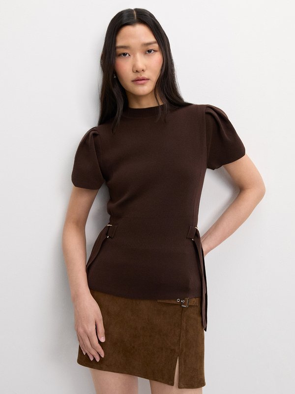 pomelo Pomelo Puffed Sleeve Knit Top - Brown