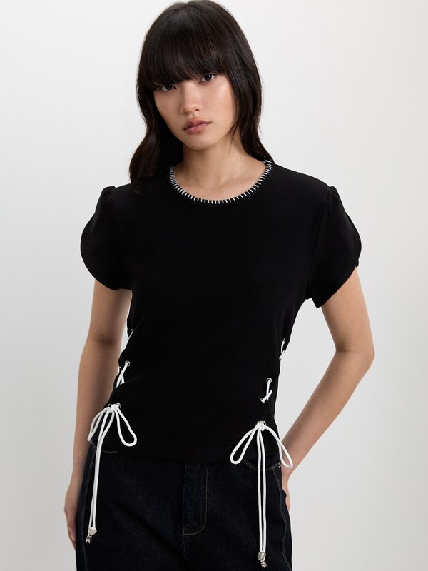 Pomelo Pomelo Puffed Sleeve Lace-Up Blouse - Black