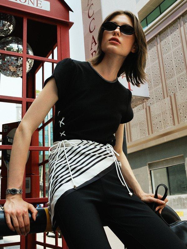 pomelo Pomelo Puffed Sleeve Lace-Up Blouse - Black