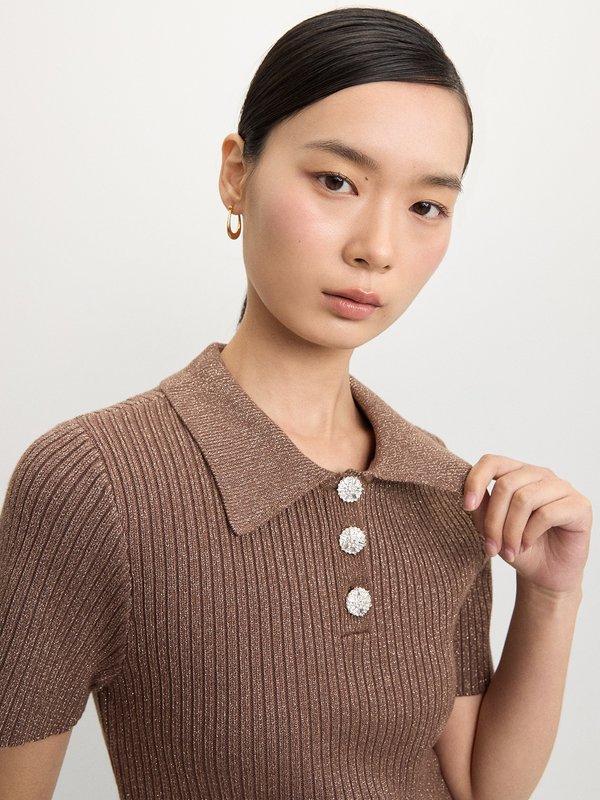 Pomelo Pomelo Rhinestone Button-Up Knit Top - Brown